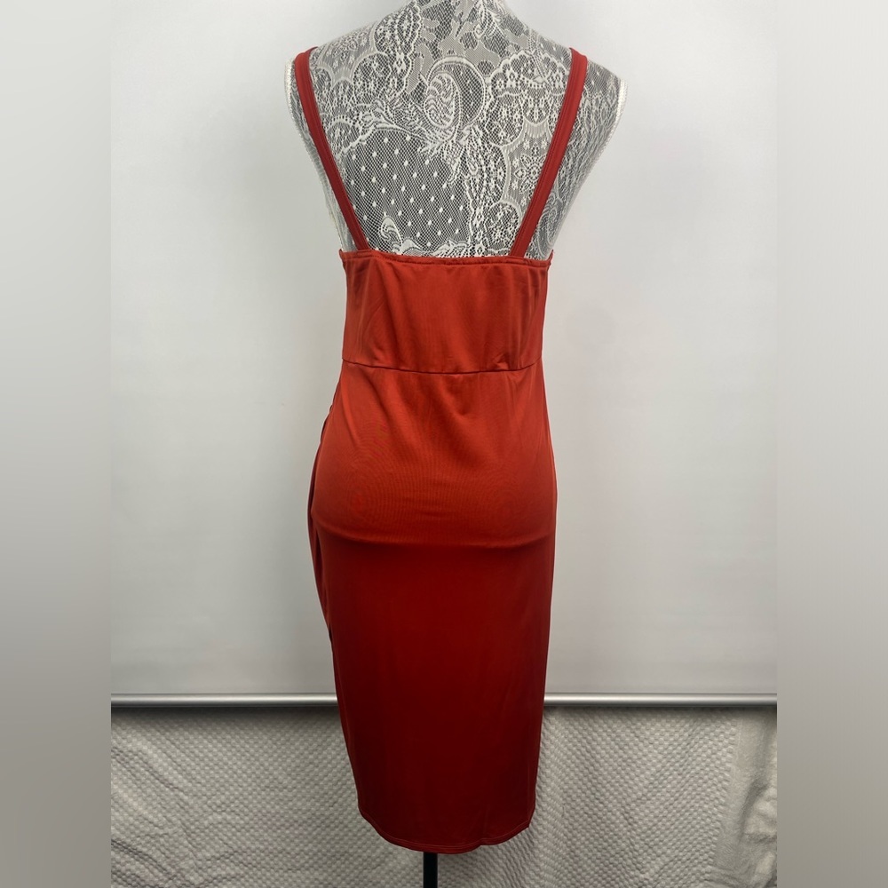 Nevena Rae Rust Red Plunge Rouched Hip Corset Style Bodice Dress - Picture 3 of 7